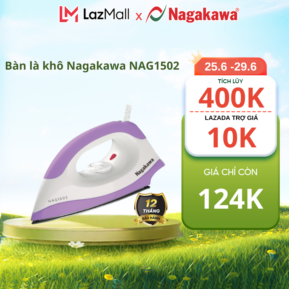 Bàn ủi khô Nagakawa NAG1502, công suất 1200W, chống dính cao cấp, núm điều chỉnh mức nhiệt cho từng loại quần áo, bảo hành 12 tháng
