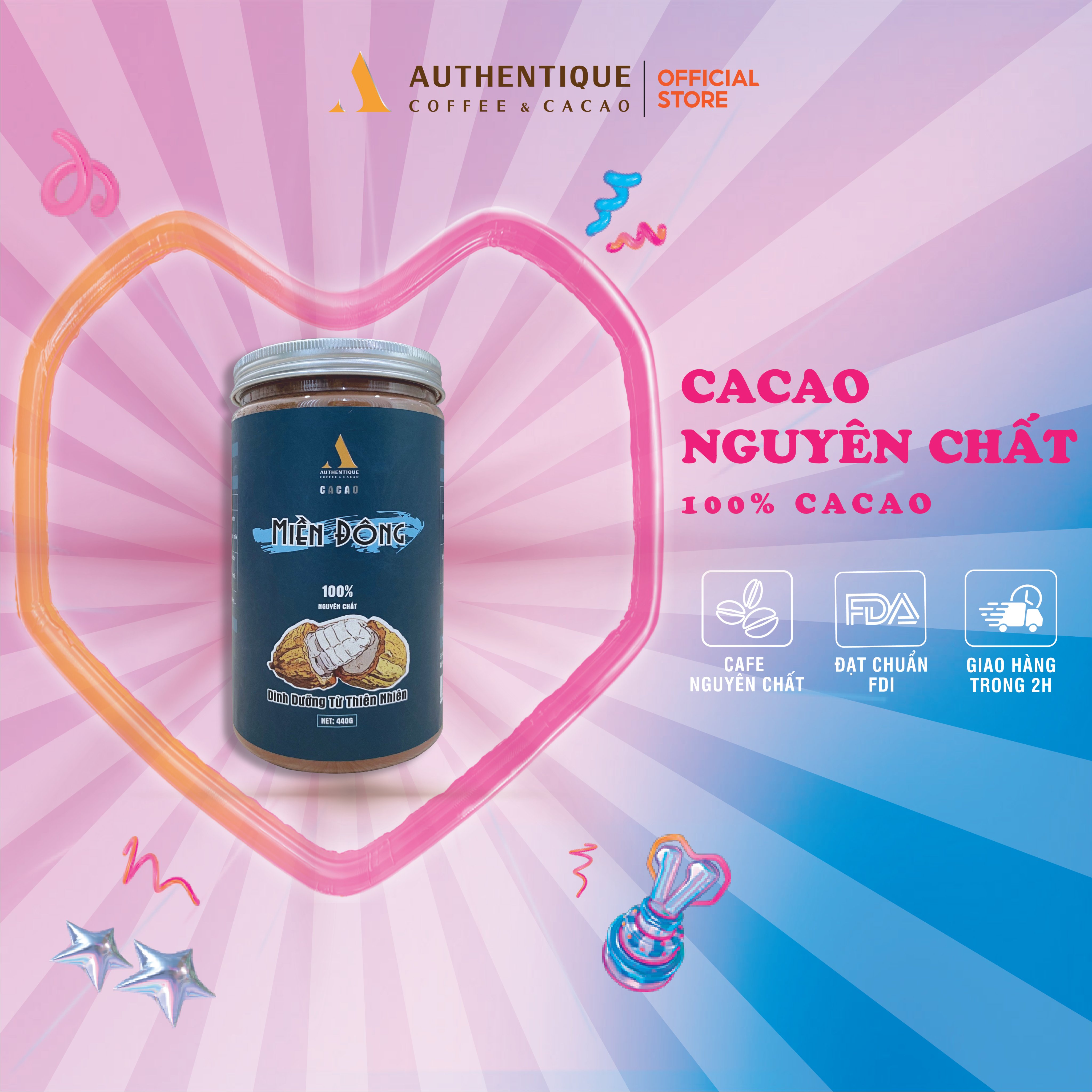 Cacao Nguyên chất Authentique Đặc sản Miền Đông Hũ 440gr - Không đường thơm ngon, đậm vị