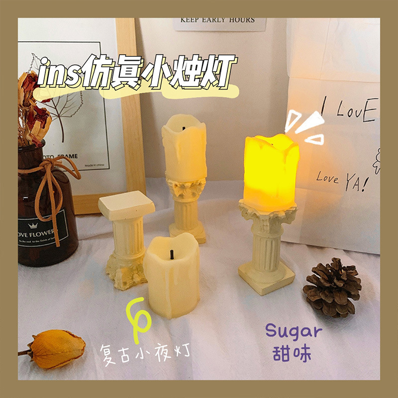 [ Tặng Kèm Pin ] Đèn Để Bàn Decor Hình Nến Điện Tử Dạng Sáp Chảy Kèm Đế Cột La Mã Nghệ Thuật
