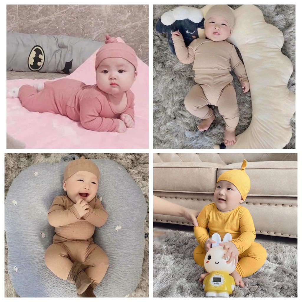 Đồ bộ quần áo dài tay len tăm kèm mũ cho bé sơ sinh tới 14kg QATE814