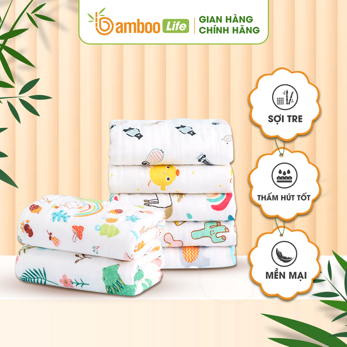 Khăn tắm cho bé sợi tre khăn quấn em bé sơ sinh kích thước 110x110 cm cỡ lớn Bamboo Life BL054 mềm mại kháng khuẩn giúp bé ngủ ngon, chống giật mình