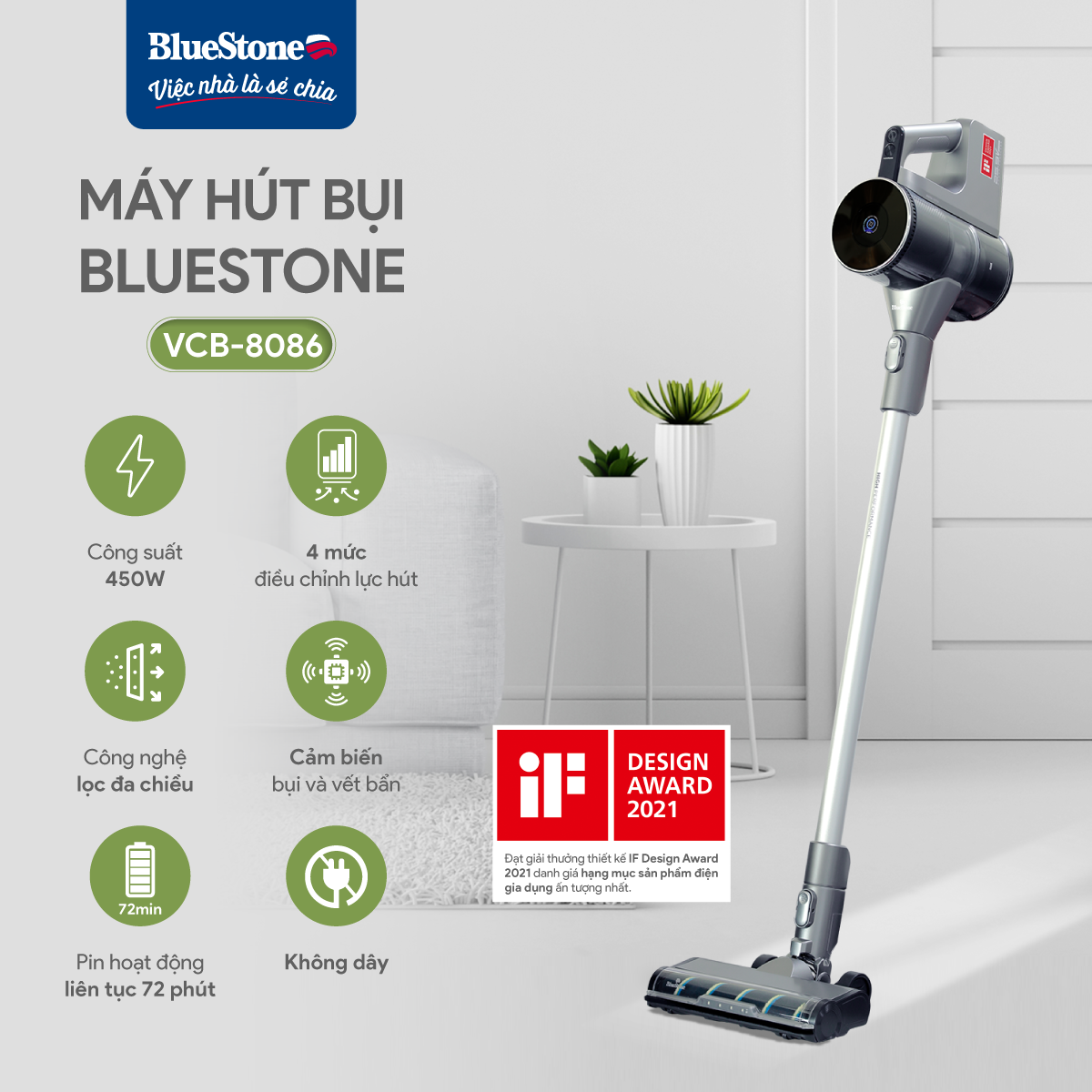 Máy Hút Bụi Không Dây BlueStone VCB-8086 - 400W - Lực hút 15.9KPa - Bảo hành 2 năm