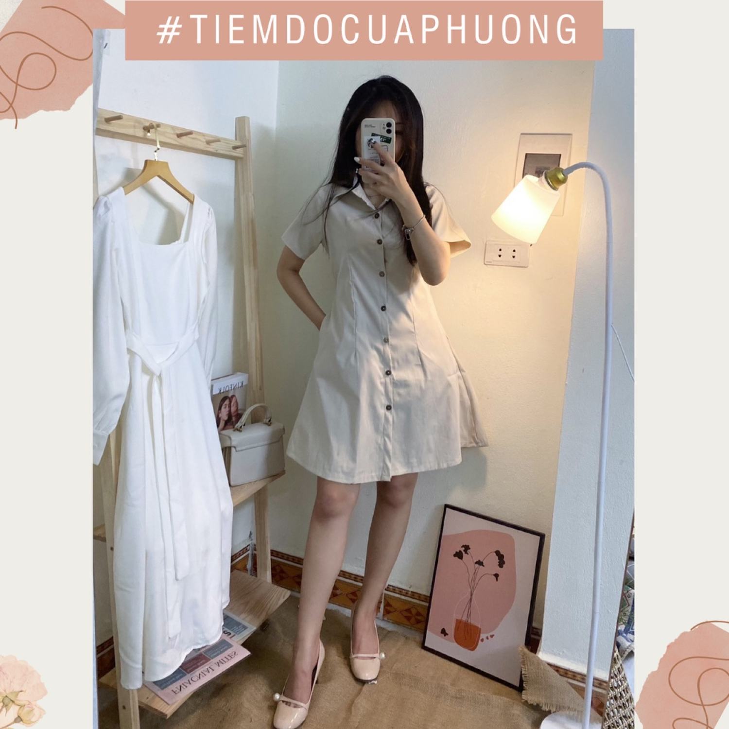 Váy sơ mi dáng suông có chiết eo, Đầm công sở có chun lưng chất kaki mềm tôn dáng