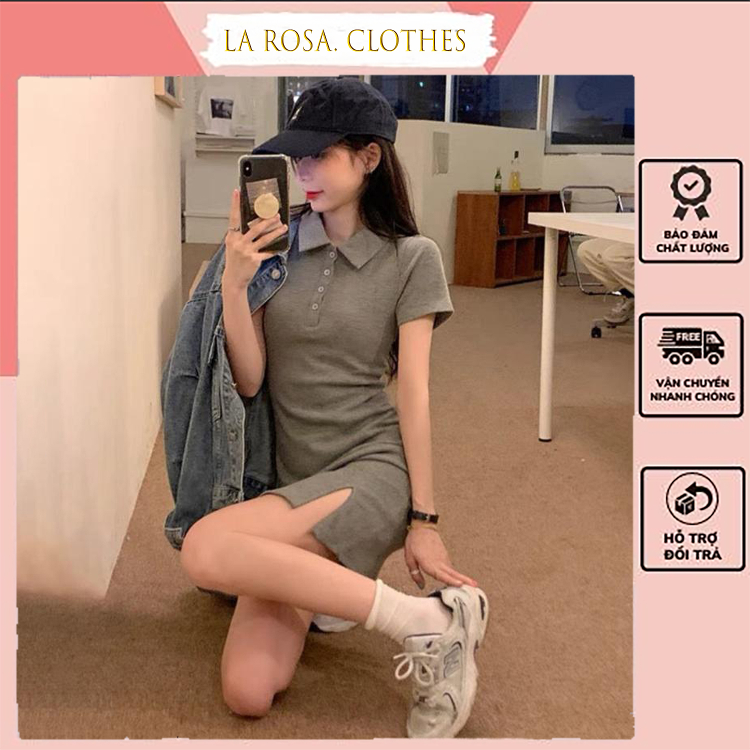 Váy ôm body cổ polo xẻ trước chất thun gân tăm, đầm body xẻ đùi sexy cổ bẻ chất mềm - mát, váy body có cổ sành điệu khoe dáng