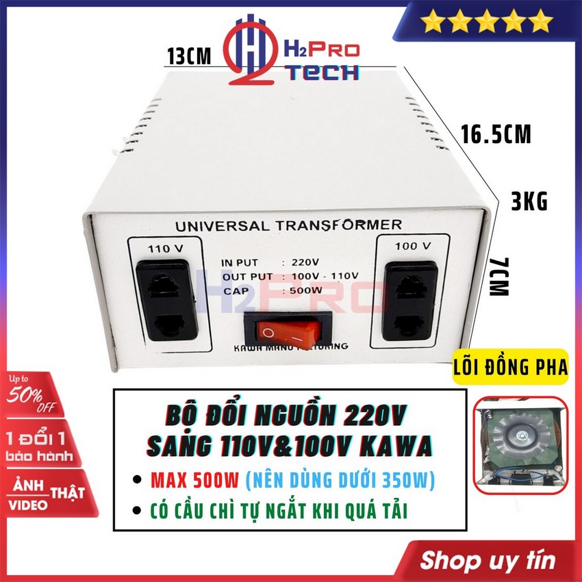 Đổi Nguồn 220V Sang 110V-100V 500W Kawa Hoặc Đổi Ngược Nguồn 110V Sang 220V Cao Cấp-Dùng Cho Máy Dưới 350W-H2Pro Tech