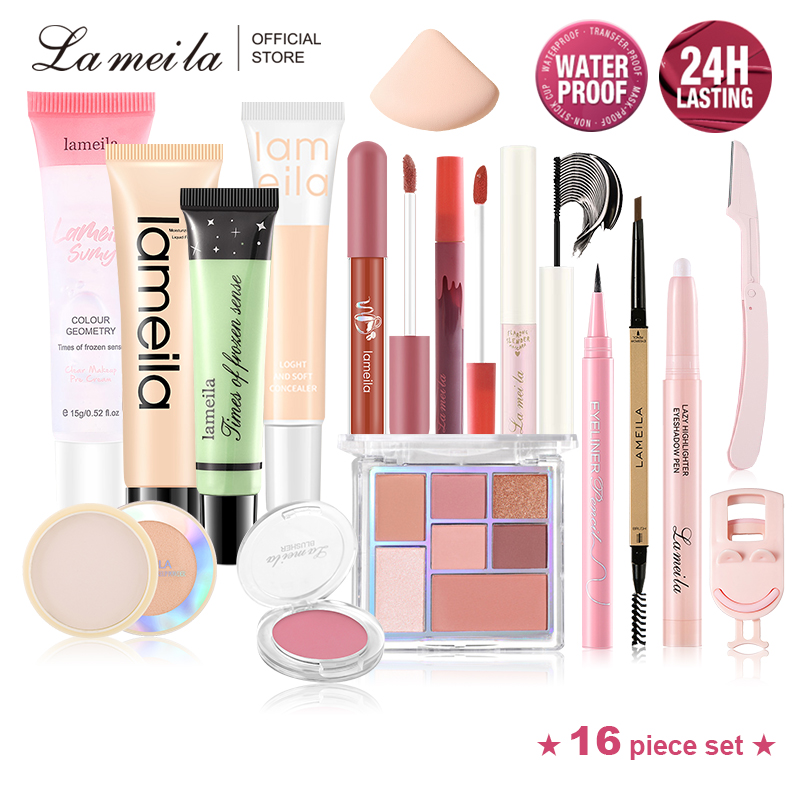 Bộ trang điểm 13/16 món LaMeiLa Kem BB+Phấn phủ bột+Phấn mắt+Chì kẻ mày+kẻ mắt+Mascara+Son kem lì+Phấn má hồng+kẹp bấm mi+Dao tỉa lông mày+Bộ cọ trang điểm+Kem che khuyết điểm bộ makeup đầy đủ set