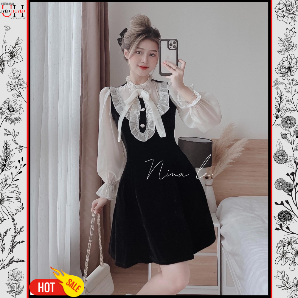 Đầm nhung tiểu thư - Váy Nhung Đen Cổ Nơ Ngực Viền Bèo Đính Khuy Ngọc Siêu Xinh, đầm nhung nữ cổ bèo, đầm nhung nữ tiểu thư, đầm nhung nữ dự tiệc, đầm nhung nữ dài tay, đầm nhung nữ dự tiệc