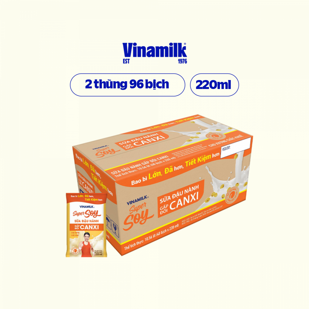 Bộ 2 thùng (96 bịch) sữa đậu nành Vinamilk gấp đôi canxi 220ml
