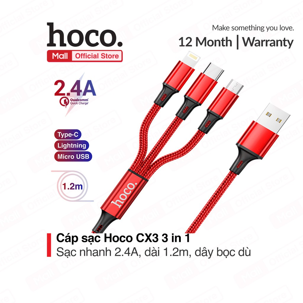 Cáp sạc đa năng 3 đầu hoco cx3 - cáp sạc 3 in 1 - cap sac - dây sac - cáp sạc iphone - sam sung - apple micro type-c - day sac đa năng