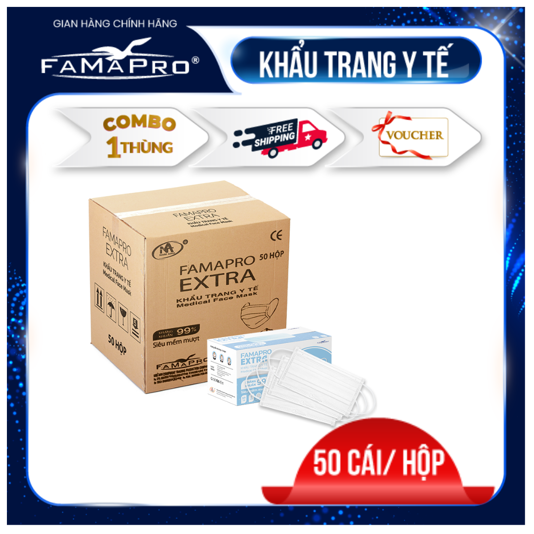 Thùng 50 hộp khẩu trang y tế kháng khuẩn 4 lớp famapro extra