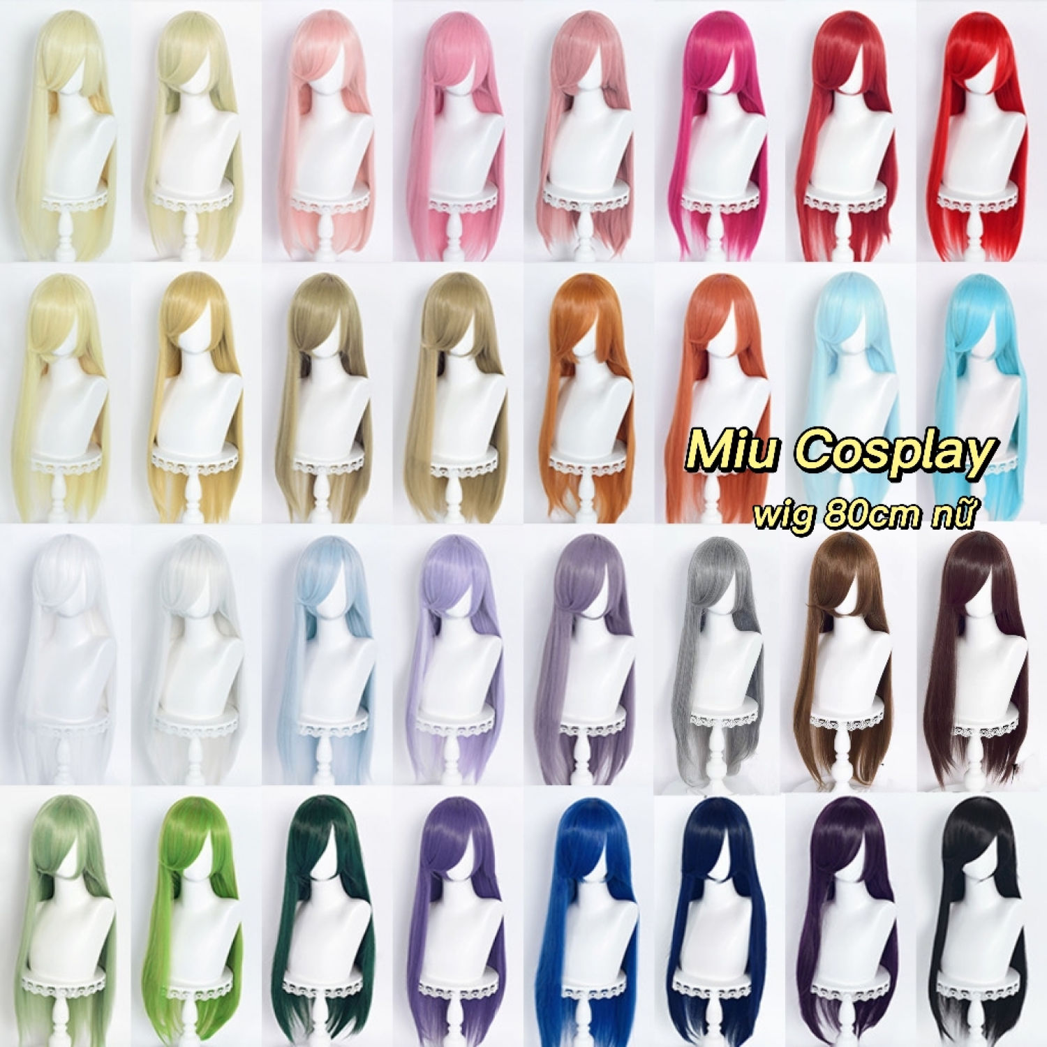 Nhiều mẫu - Wig tóc giả cosplay cơ bản 80cm nữ màu xanh,đỏ,tím,vàng,đen