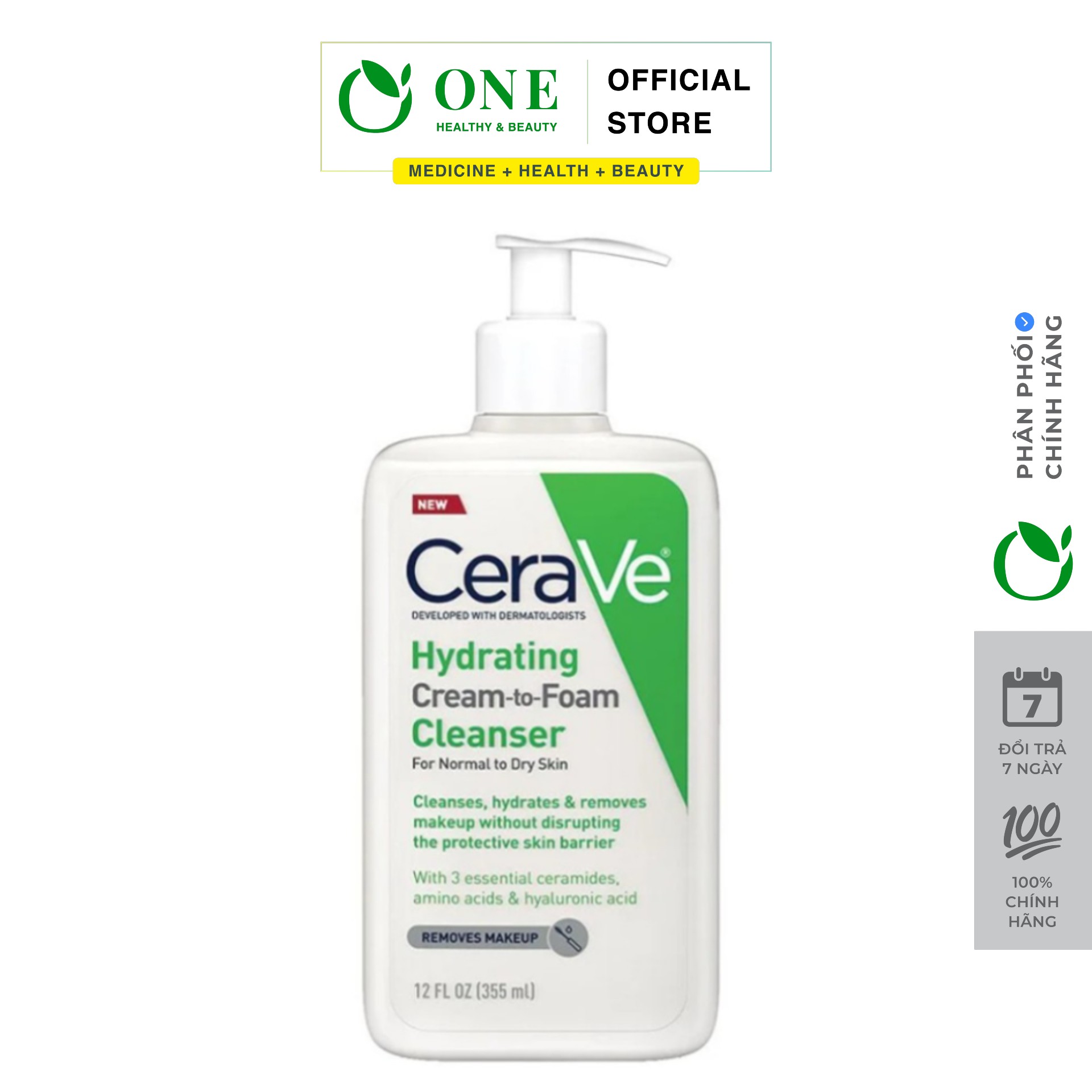 Sữa rửa mặt tẩy trang cerave hydrating cream to foam cleanser 355ml, 473ml - one beauty