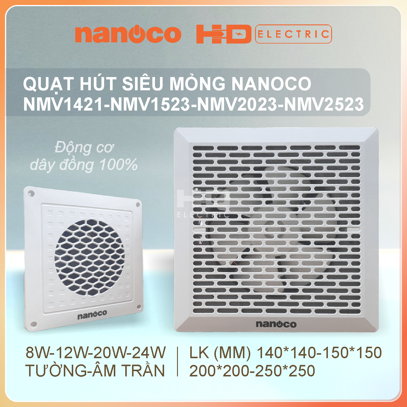 Quạt hút siêu mỏng nanoco nmv1421 8w nmv1523 12w nmv2023 20w nmv2523 24w gắn tường và âm trần
