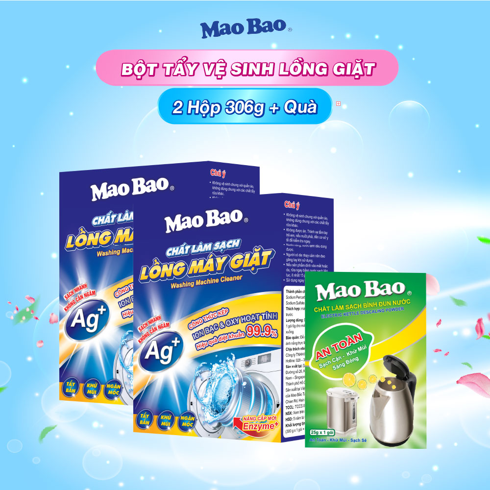 Combo 2 hộp Chất tẩy vệ sinh làm sạch lồng máy giặt Mao Bao Ag+ 306g x 1 hộp + Tặng bột tẩy bình đun 25g x 1 gói