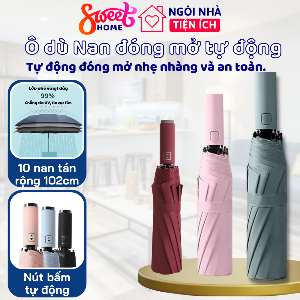 Ô dù Nan đóng mở tự động 2 lớp chống tia UV, Ô che mưa đi nắng phiên bản cao cấp T2