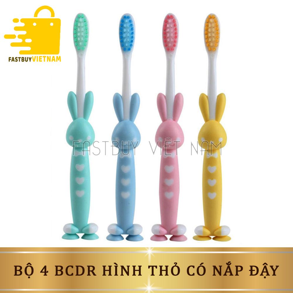 Set 4 Bàn Chải Đánh Răng Xuất Nhật Hình Thỏ, Có Nắp Bảo Vệ Sạch Sẽ , Lông Bàn Chải Siêu Mềm Không Hại Nướu Bé