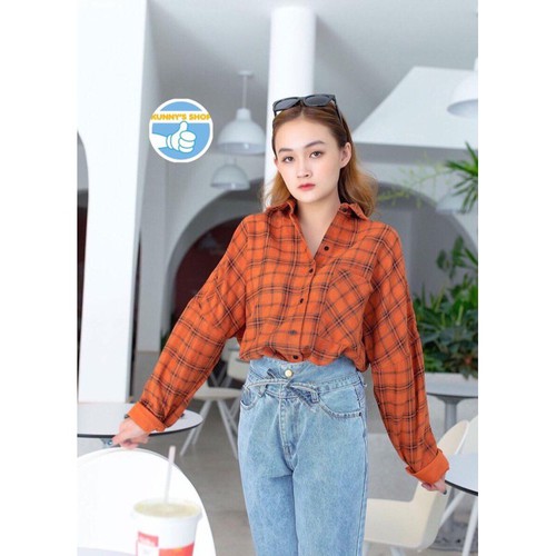 Áo sơ mi oversize caro nhung cam