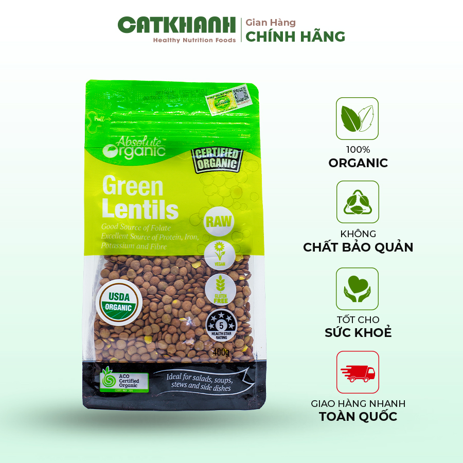 Đậu lăng xanh Absolute Organic túi 400gr được nhập khẩu từ Úc giúp ngăn ngừa ung thư, bảo vệ tim mạch