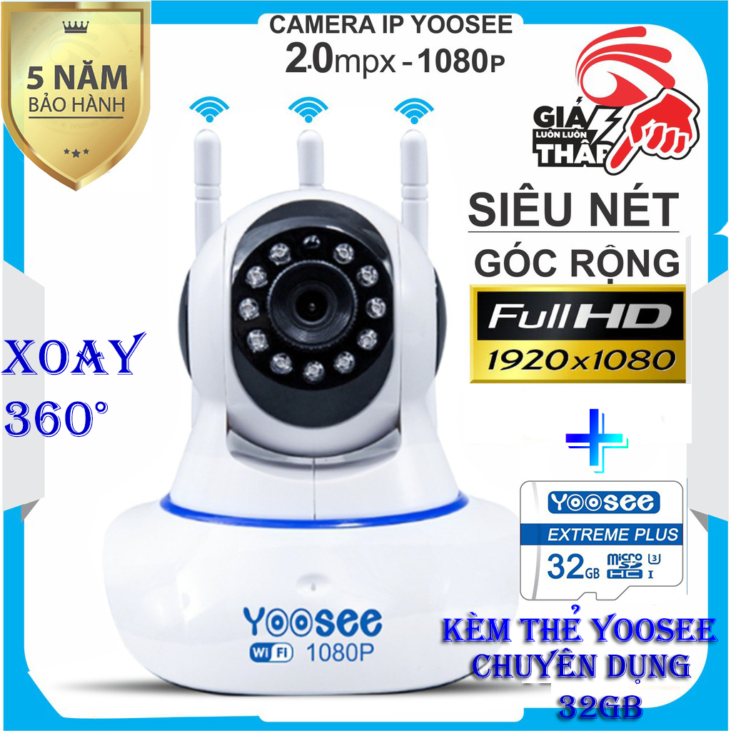 [Tặng thẻ CHUẨN CTY 32GB-CHUYÊN DỤNG CHO CAMERA - BẢO HÀNH 12 THÁNG] Camera IP Wifi Yoosee 3 Râu Full HD 1920 X 1080 Không Dây-hỗ trợ thu âm- đàm thoại 2 chiều