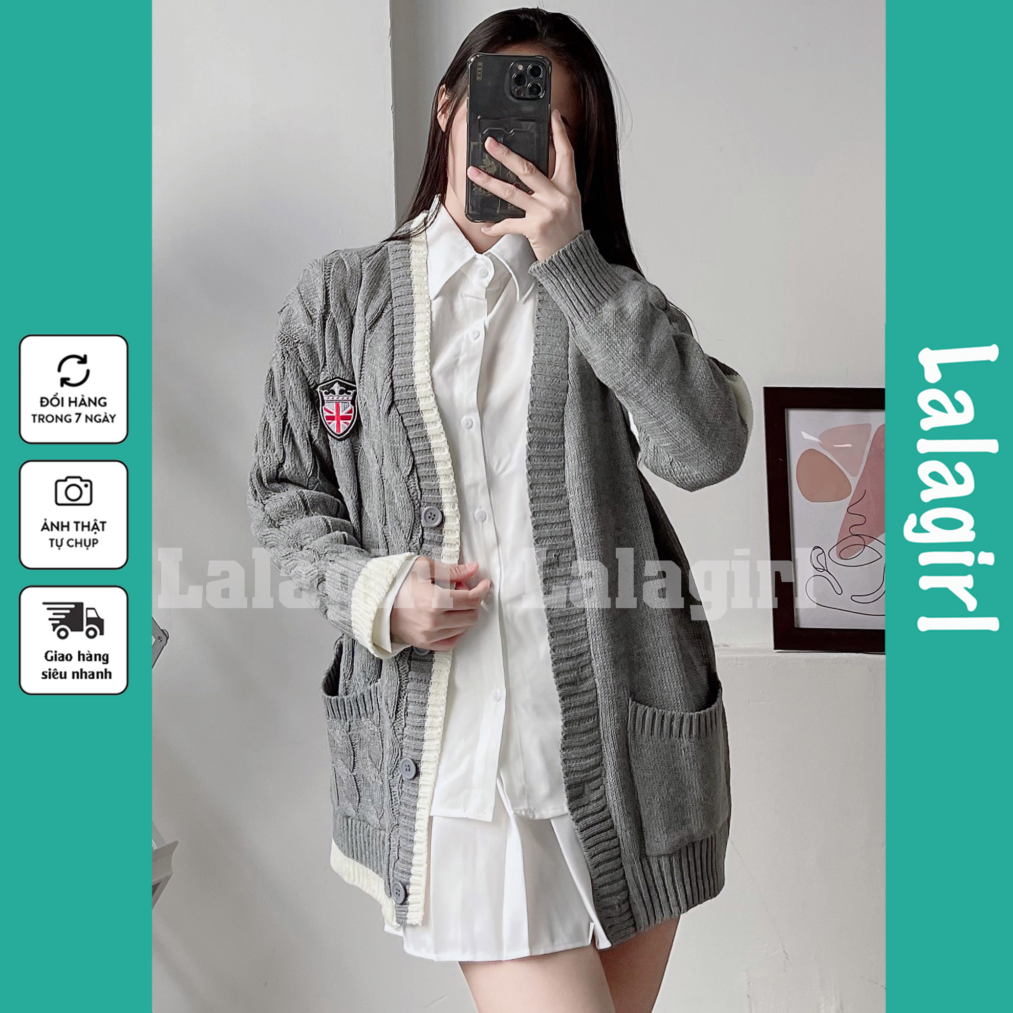 Áo khoác cardigan len nữ dáng rộng màu xám phong cách hàn quốc huy hiệu ngực tay dài