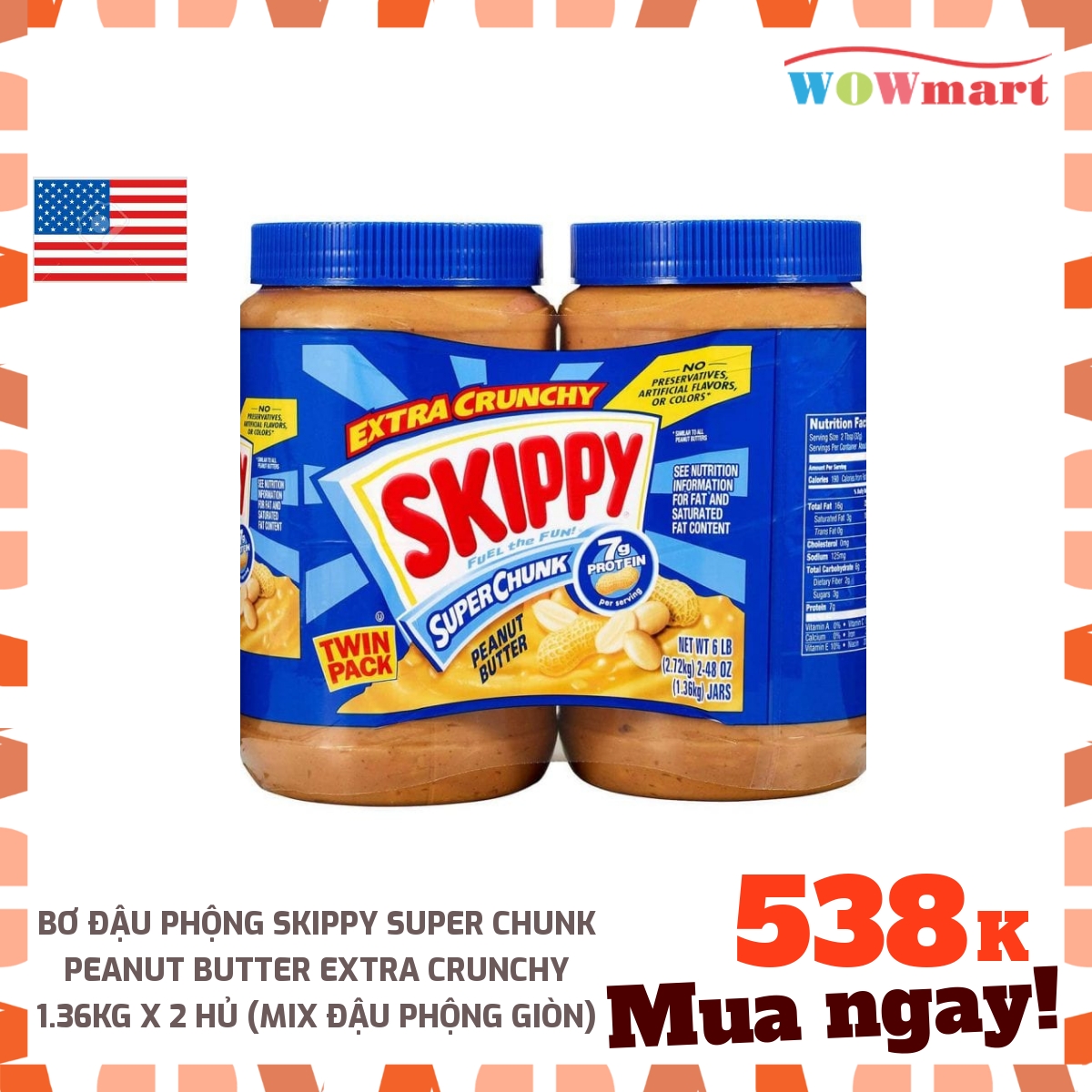 Bơ đậu phộng Skippy Super Chunk Peanut Butter Extra Crunchy 1.36kg x 2 hủ -