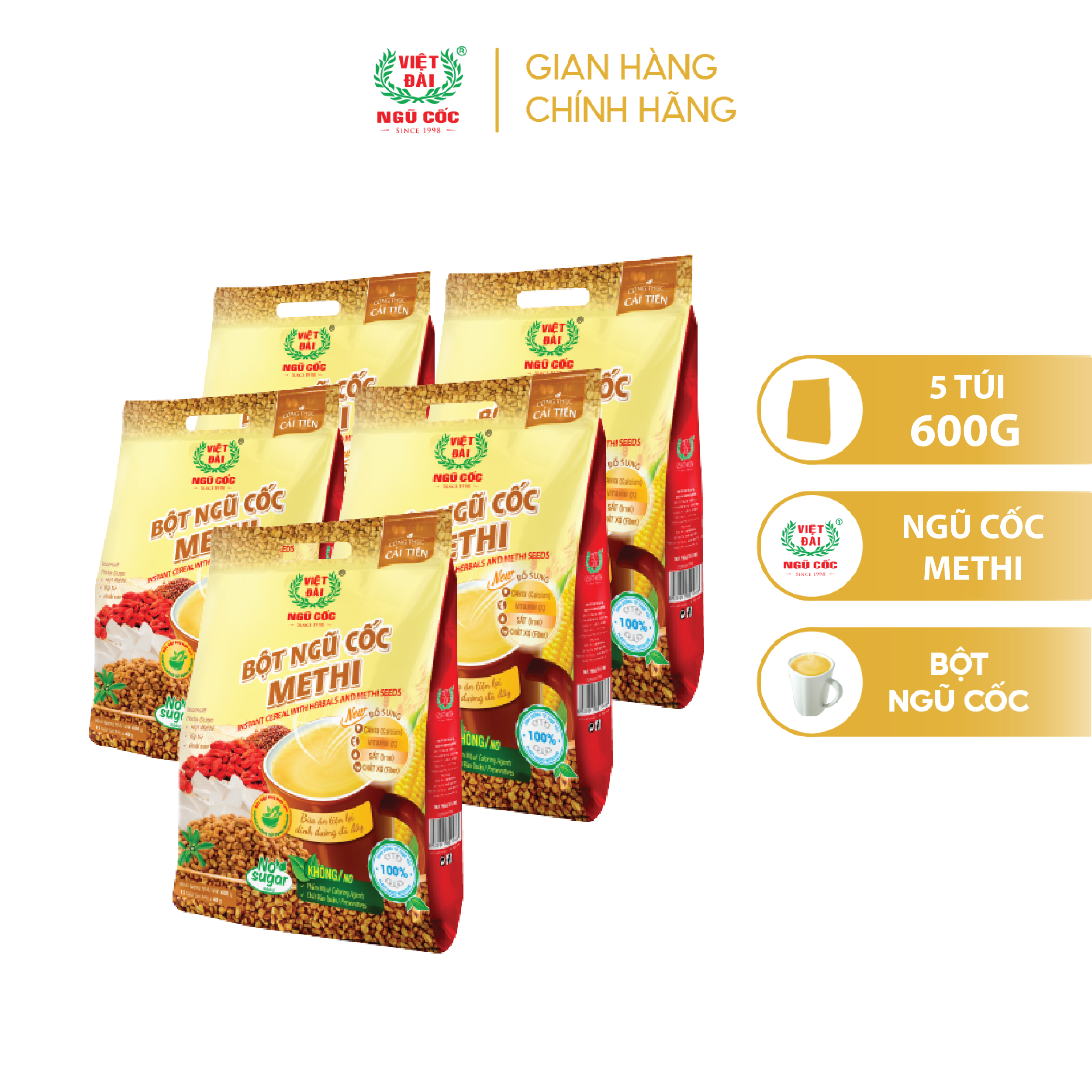 Combo 5 Bột Ngũ Cốc Methi VIỆT ĐÀI Không Đường Thích Hợp Dành Cho Người Giảm Cân Eat Clean Túi 600g