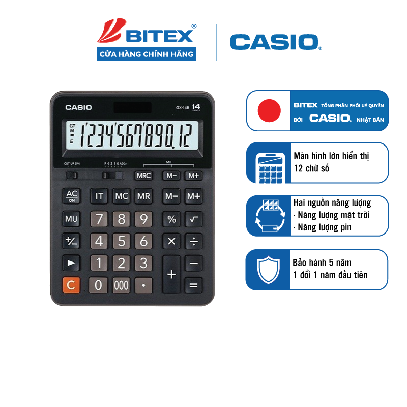 Máy Tính Casio GX-14B chính hãng, hiển thị 14 số, màn hình to rõ, tính toán chính xác, nhiều chức năng