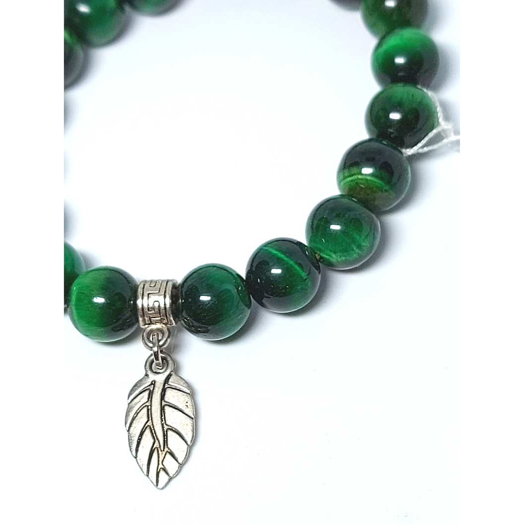 Vòng Tay Mắt Hổ Xanh Lá Cây VIP 10 li phối Charm Bạc Chiếc Lá Như Ý | Hoa Minh Gem