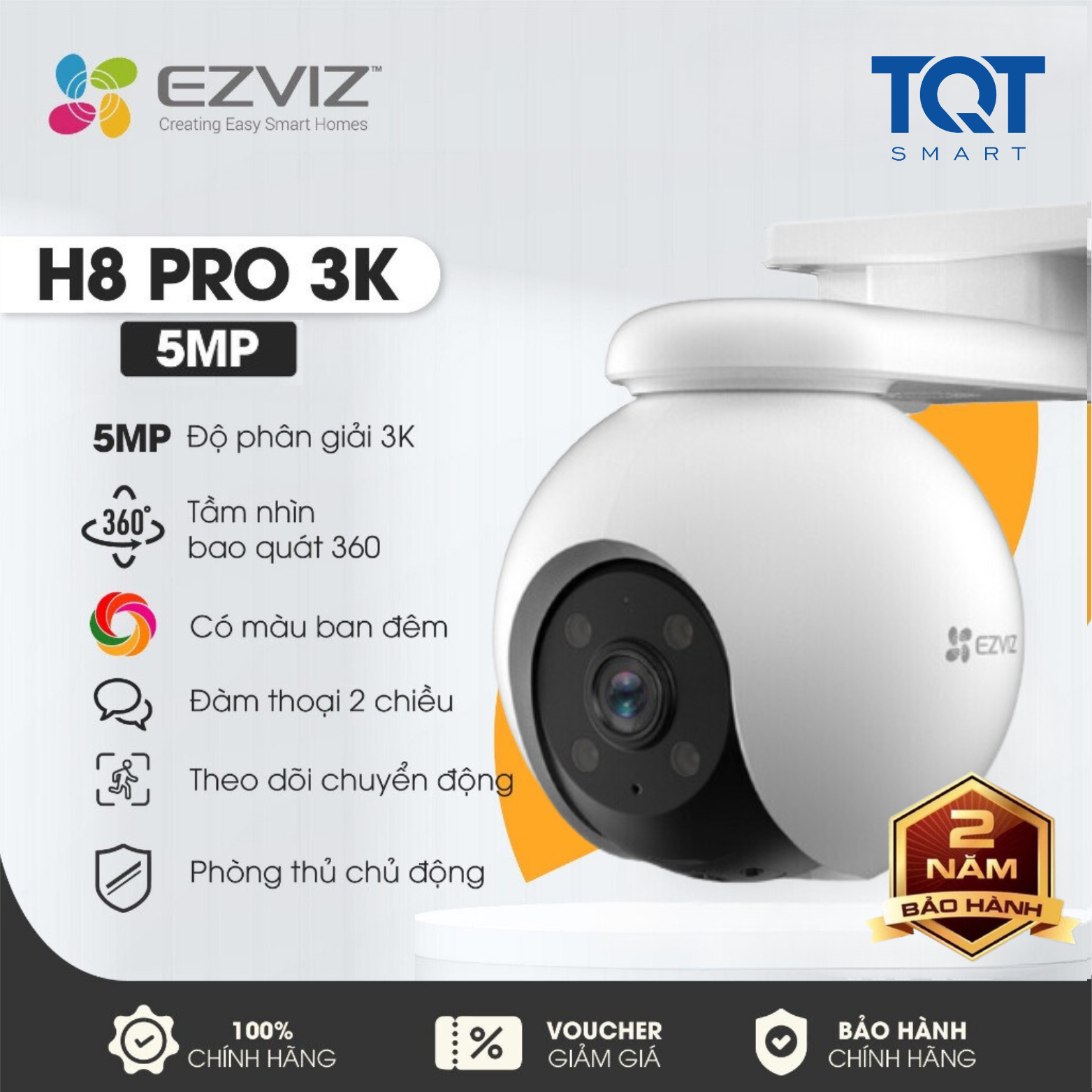 Camera WiFi EZVIZ H8 Pro 3K 5MP Quad HD Đàm thoại 2 Chiều Thiết Lập Nhanh Góc Quan Sát Quay Quét 360 Ngoài Trời Thông Minh TQT Smart