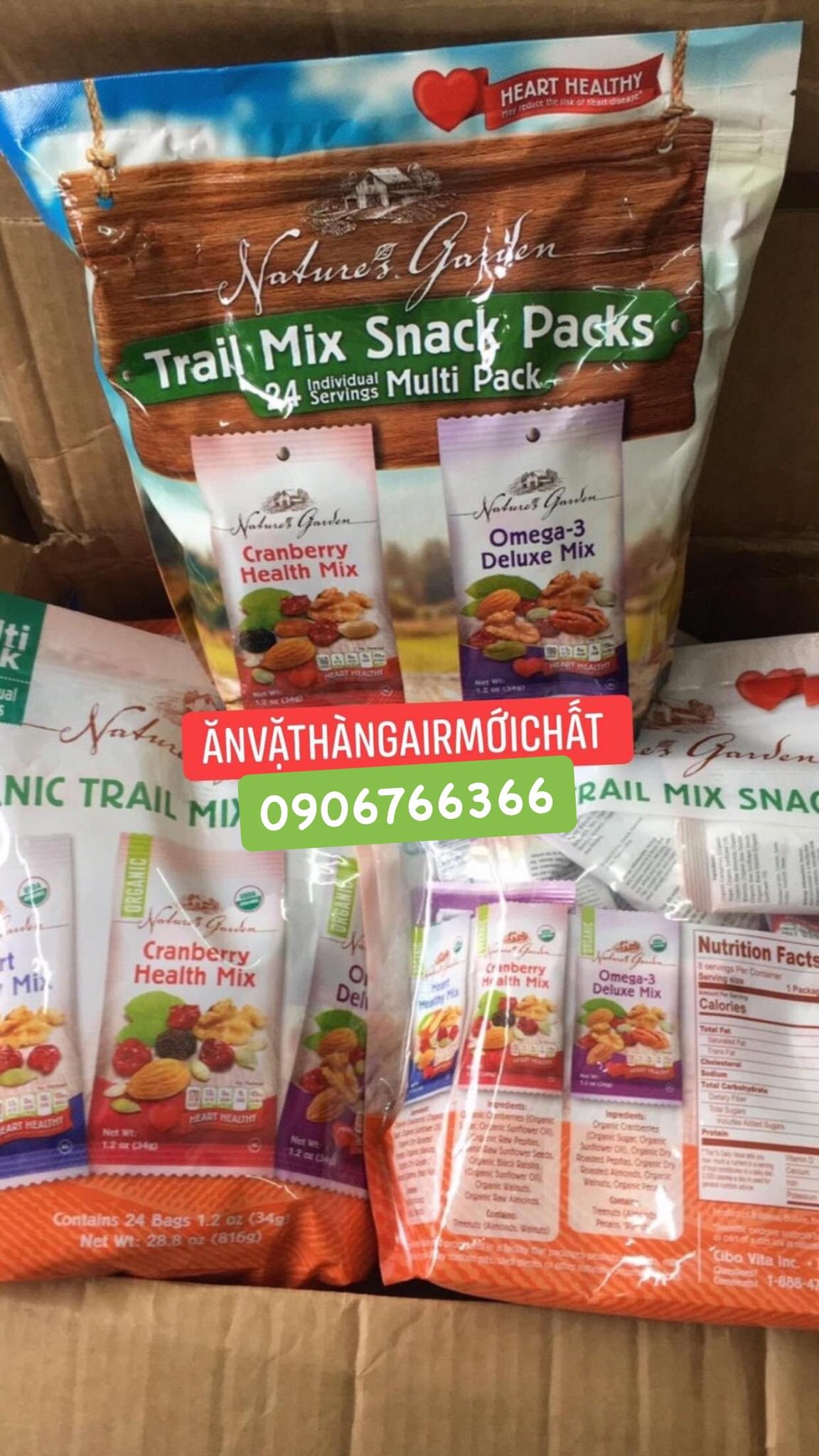 [NEW THÁNG 03/2025]Mix Nut Hạt Tổng Hợp Hữu Cơ Trail Mix Snack Packs Natures Garden 816 gram (24 gói)