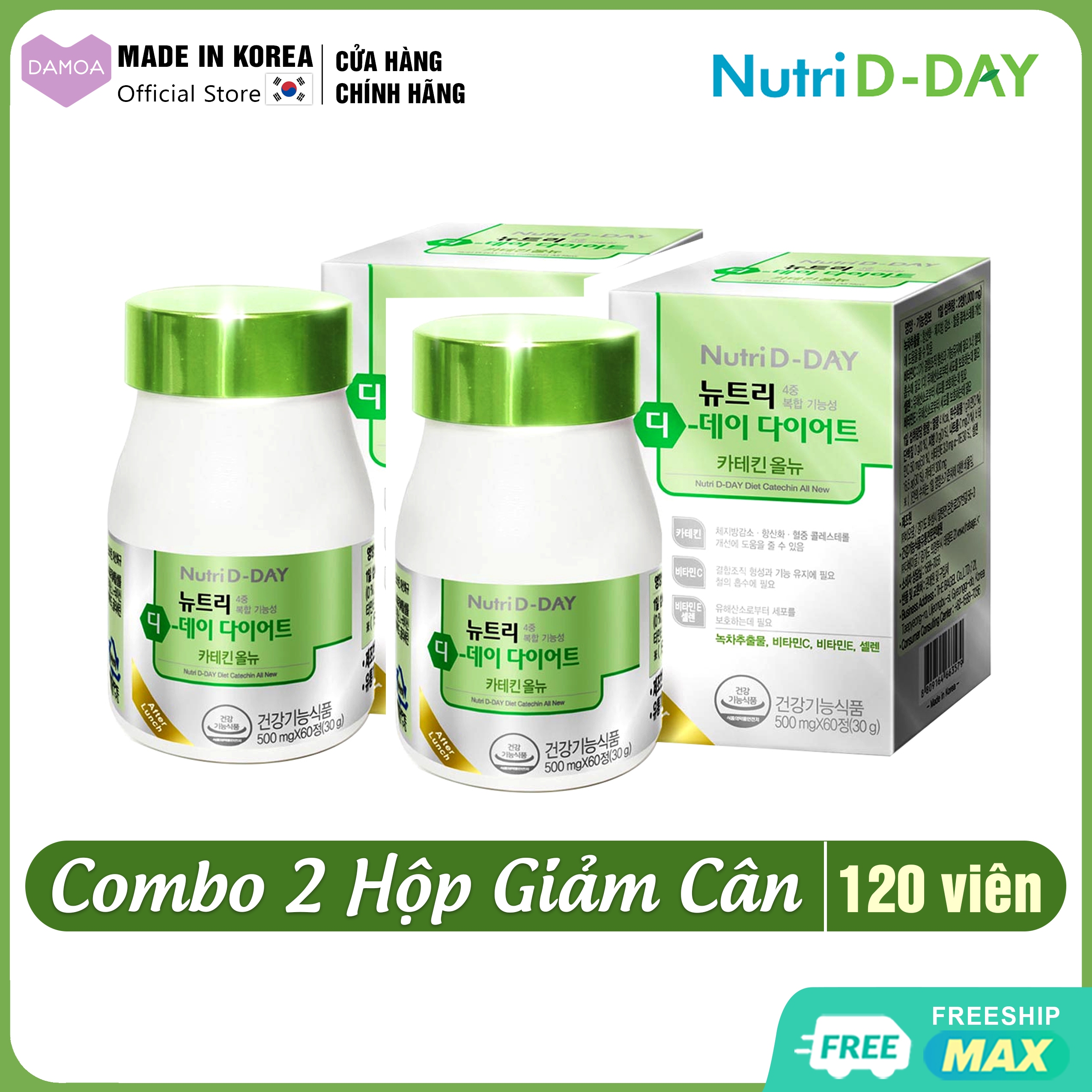 Lọ 60 Viên uống Giảm cân, Đốt mỡ Nutri D-Day Diet Catechin All New Green Tea Hàn Quốc - Giảm thèm ăn, Ức chế chất béo (Giảm đến 4-12kg)