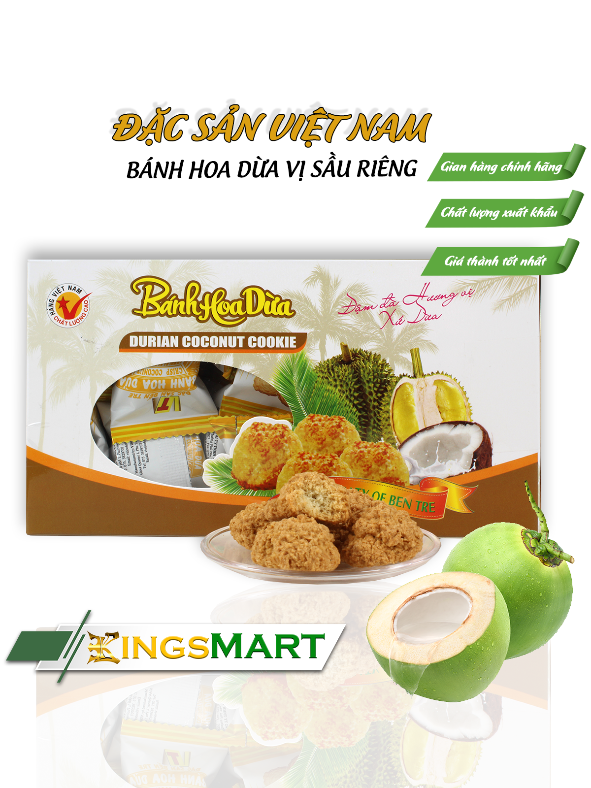 Bánh hoa dừa vị sầu riêng - Thương hiệu Yến Hoàng - Đặc sản Bến Tre - Hộp 150g - Kingsmart