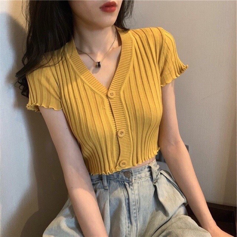 Áo len ngắn tay cổ v hàn quốc croptop sang chảnh sexy áo dệt kim k3c6