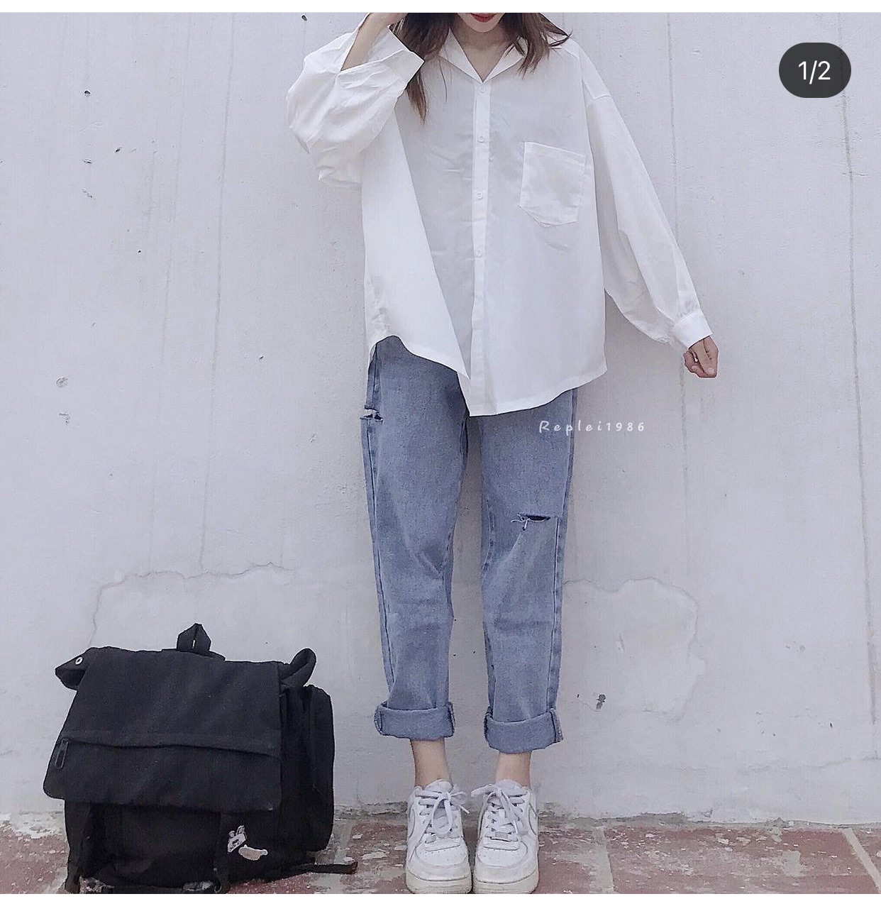 Set Baggy Jeans Rách PT + Sơ Mi Tay Dày 1 Túi