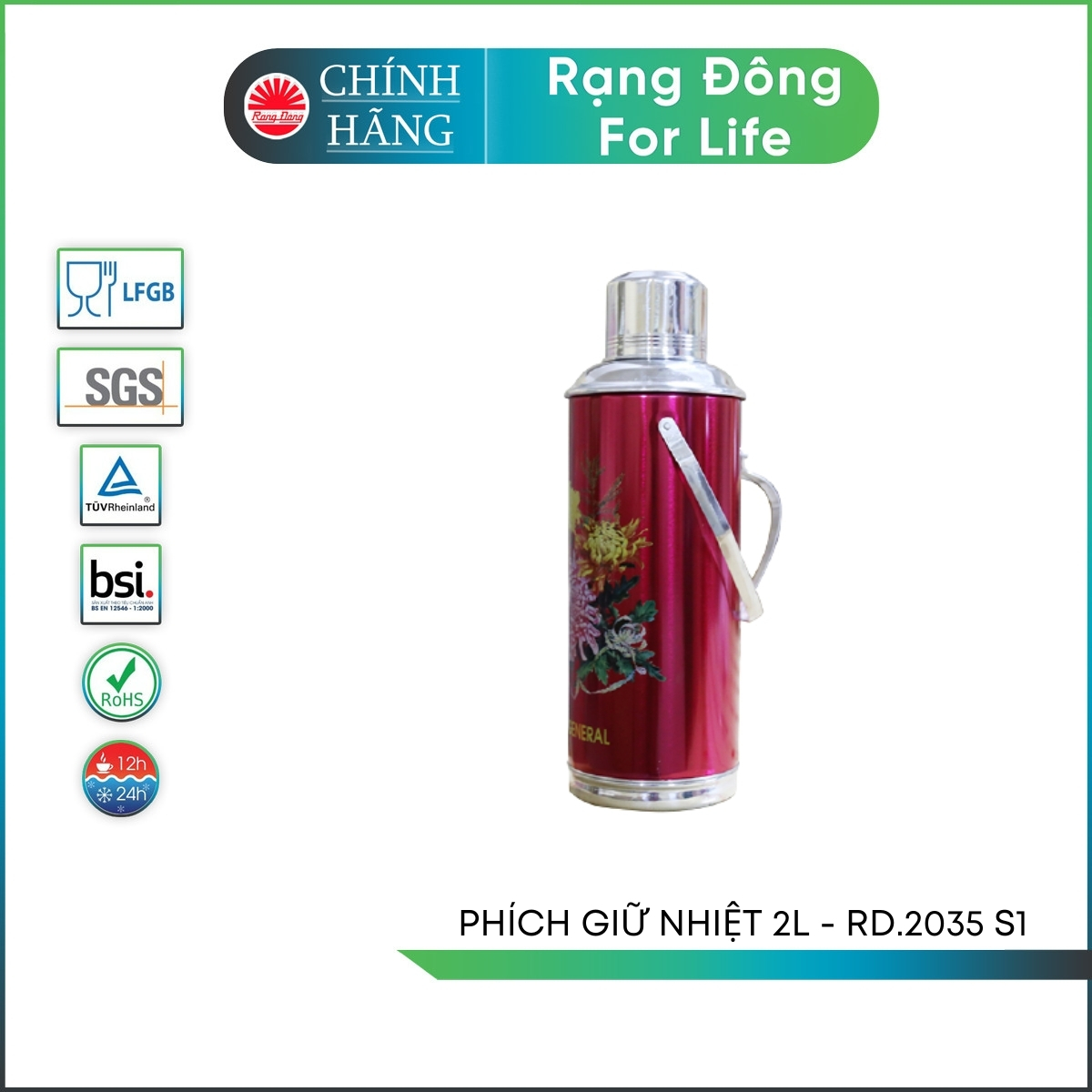 Phích nước giữ nhiệt Rạng Đông dung tích 2 Lít thân sắt vai nhôm Model RD 2035 S1