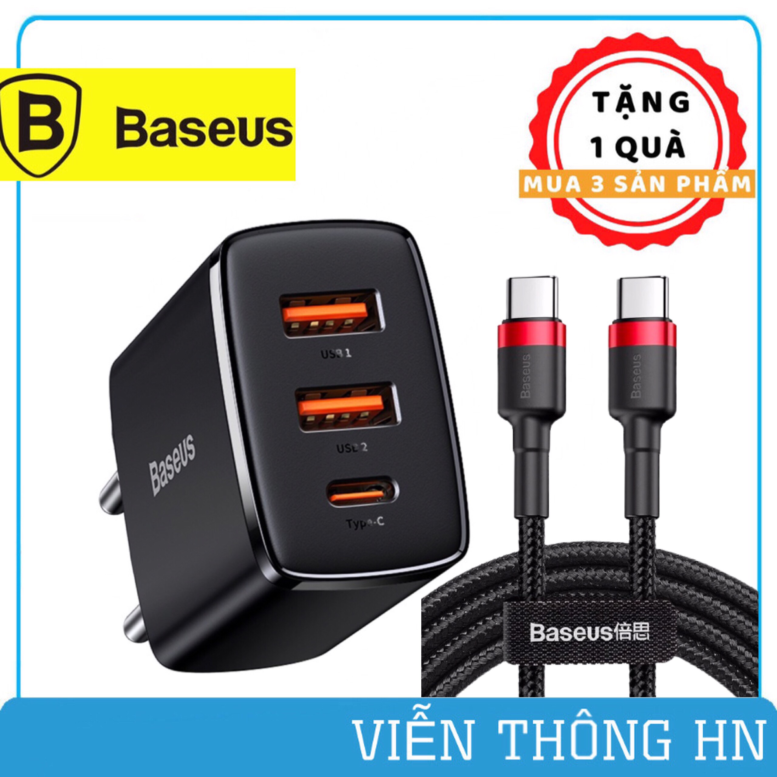 Bộ cốc sạc nhanh Baseus 3 cổng pd 30w kèm dây sạc type c to type c sạc kèm cáp sạc 2 đầu type c cho samsung xiaomi oppo ...vv