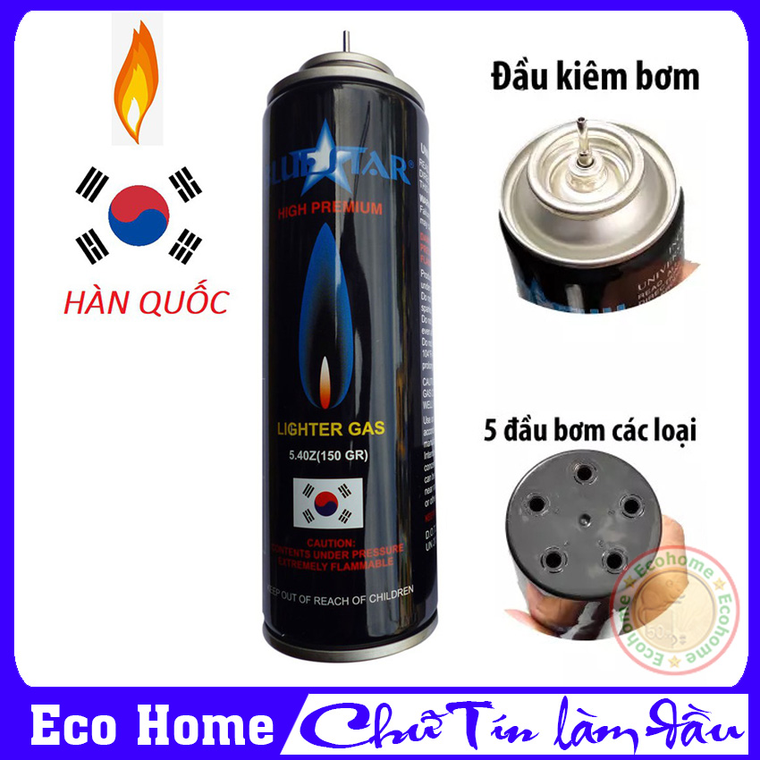 Bình gas Blue Sky 150g bơm bật lửa hộp quẹt tặng kèm 5 đầu bơm đa năng, Bình gas Hàn Quốc dùng bơm sạc gas cho bật lửa, hộp quẹt - Bảo hành 1 đổi 1 tại Eco Home