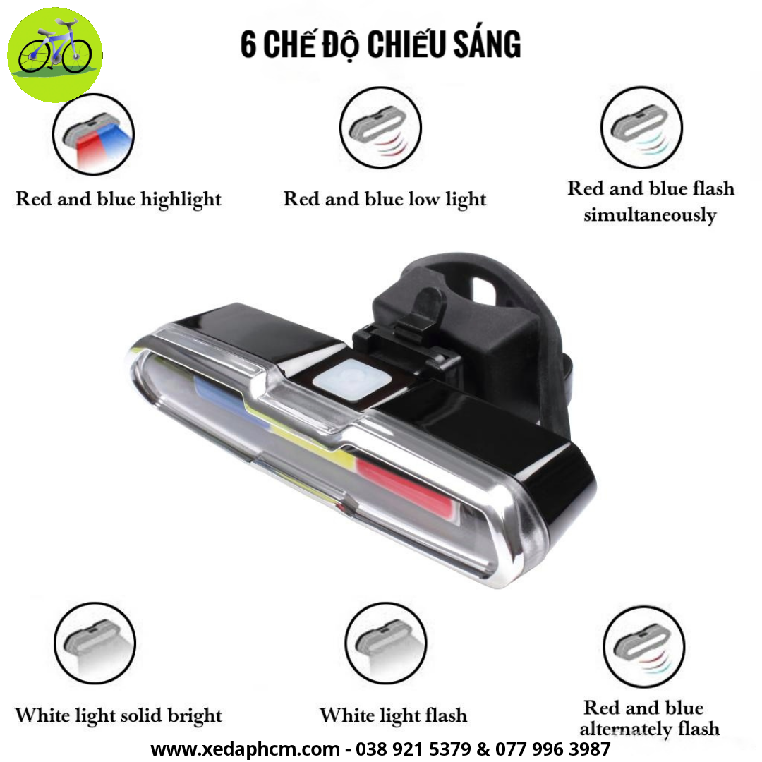 Đèn đuôi xe đạp 3 màu siêu sáng cáp sạc USB