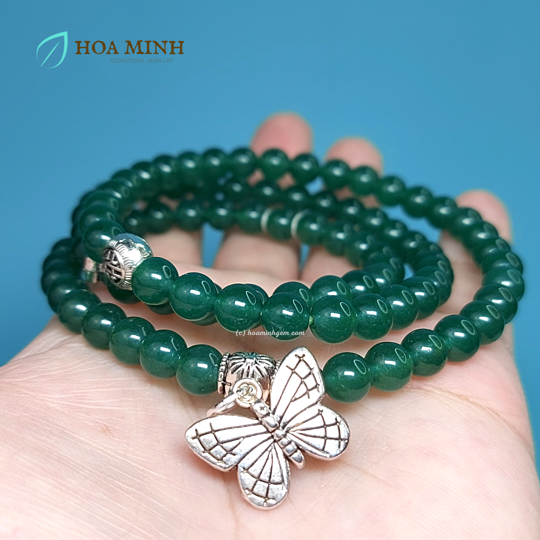 Vòng tay Mã Não xanh ngọc jade 6 li quấn 3 mix Charm Cát Tường charm bướm xinh hợp mệnh Mộc Hỏa | Hoa Minh Gem