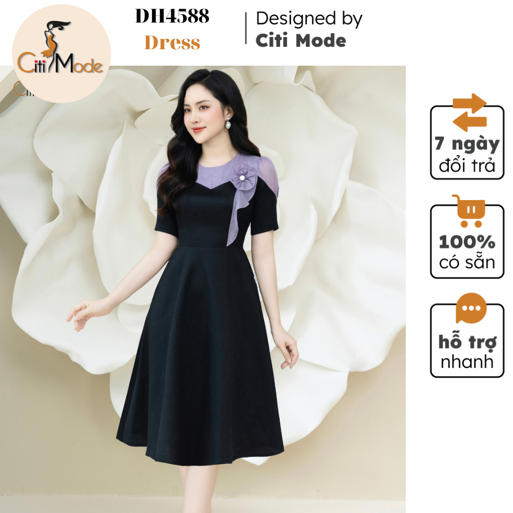 Đầm công sở citi mode fashion thiết kế dáng xoè đen phối cổ đính hoa tím dh4588