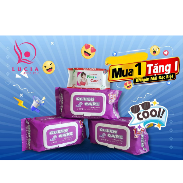 Khăn ướt cao cấp Queen Care 125 gr-Không Mùi-An toàn cho mọi loại da- Hàng Xuất Khẩu Tặng gói nhỏ 20gr