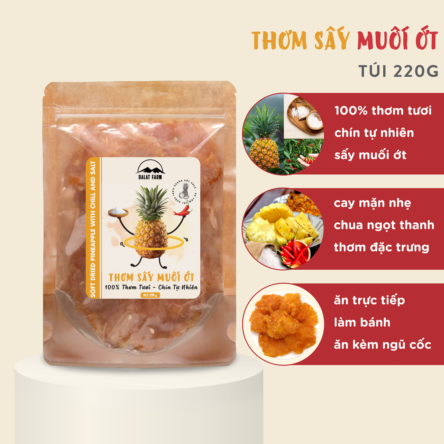  Thơm Sấy Muối Ớt Dalat Farm - Túi 220g 