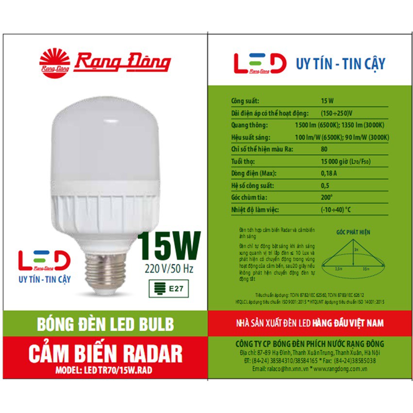 Đèn led bulb cảm biến radar 15w rạng đông tr70.rad 15w