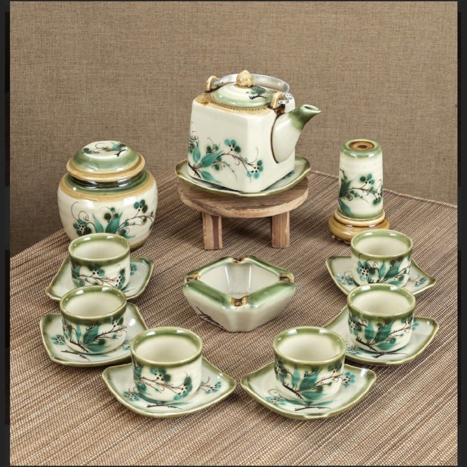 Bộ ấm chén Men hỏa biến vuông bé + vẽ tròn - Gốm sứ Bát Tràng - langgom.vn