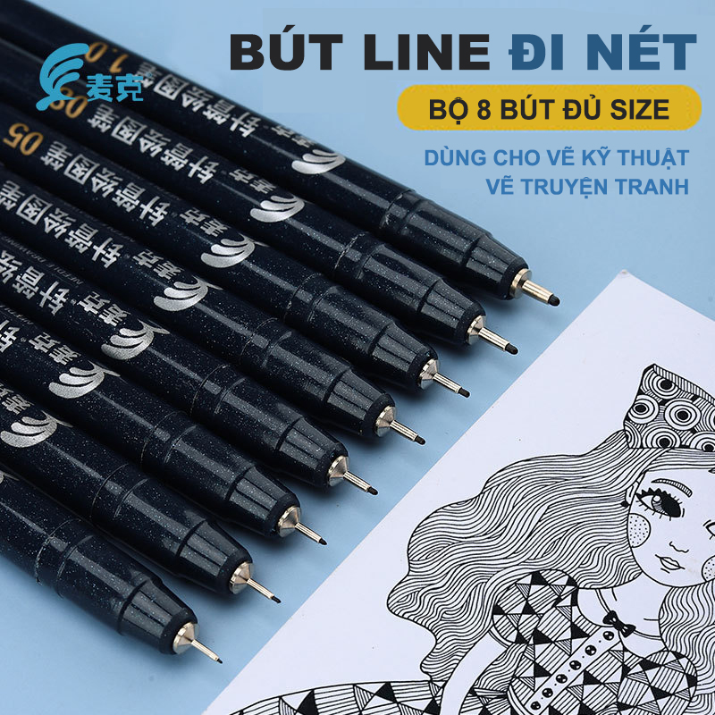 Bộ 8 bút line đi nét chuyên nghiệp-Bút vẽ kỹ thuật,vẽ phác thảo truyện tranh -mực đen kháng nước