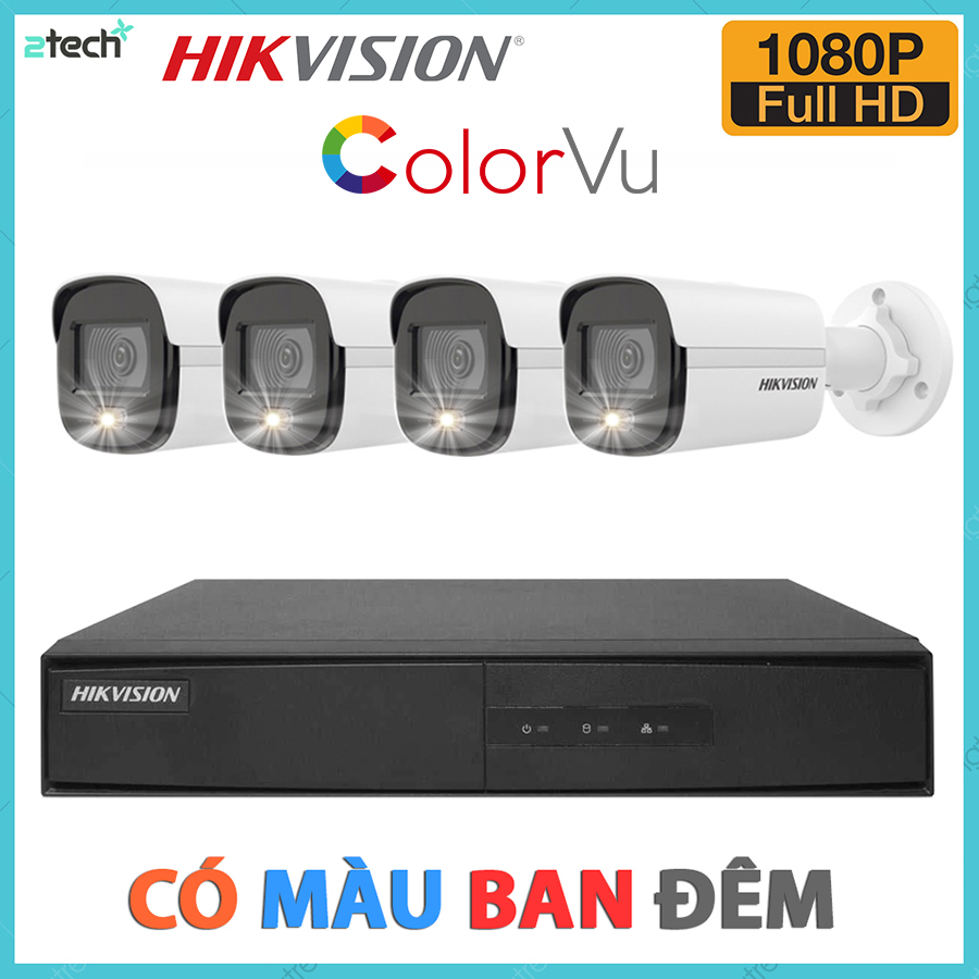 Bộ Camera Quan Sát Có Màu Ban Đêm Hikvision 4 Kênh Full HD 1080P - Trọn Bộ 4 Camera An Ninh Hikvision Quay Có Màu Ban Đêm Đầy Đủ Phụ Kiện Lắp Đặt