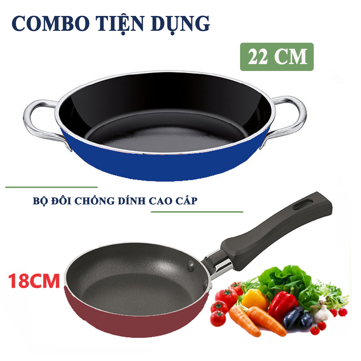 [COMBO TIỆN DỤNG_PL] Chảo 2 quai 22cm  và chảo 1 quai 18cm chống dính cao cấp siêu Đẹp