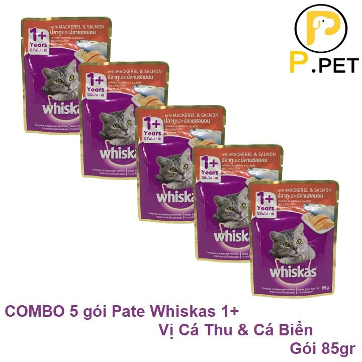 Combo 5 pate/sốt cho mèo 1 tuổi + whiskas - thức ăn pate cho mèo - vị cá thu & cá biển - gói 85gr