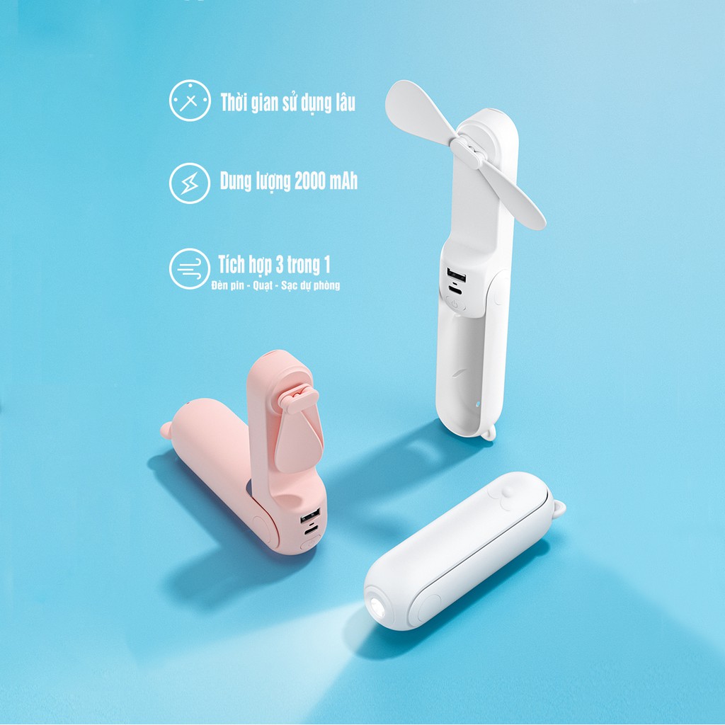 Quạt cầm tay đa năng 3 trong 1 kiêm đèn pin, sạc dự phòng