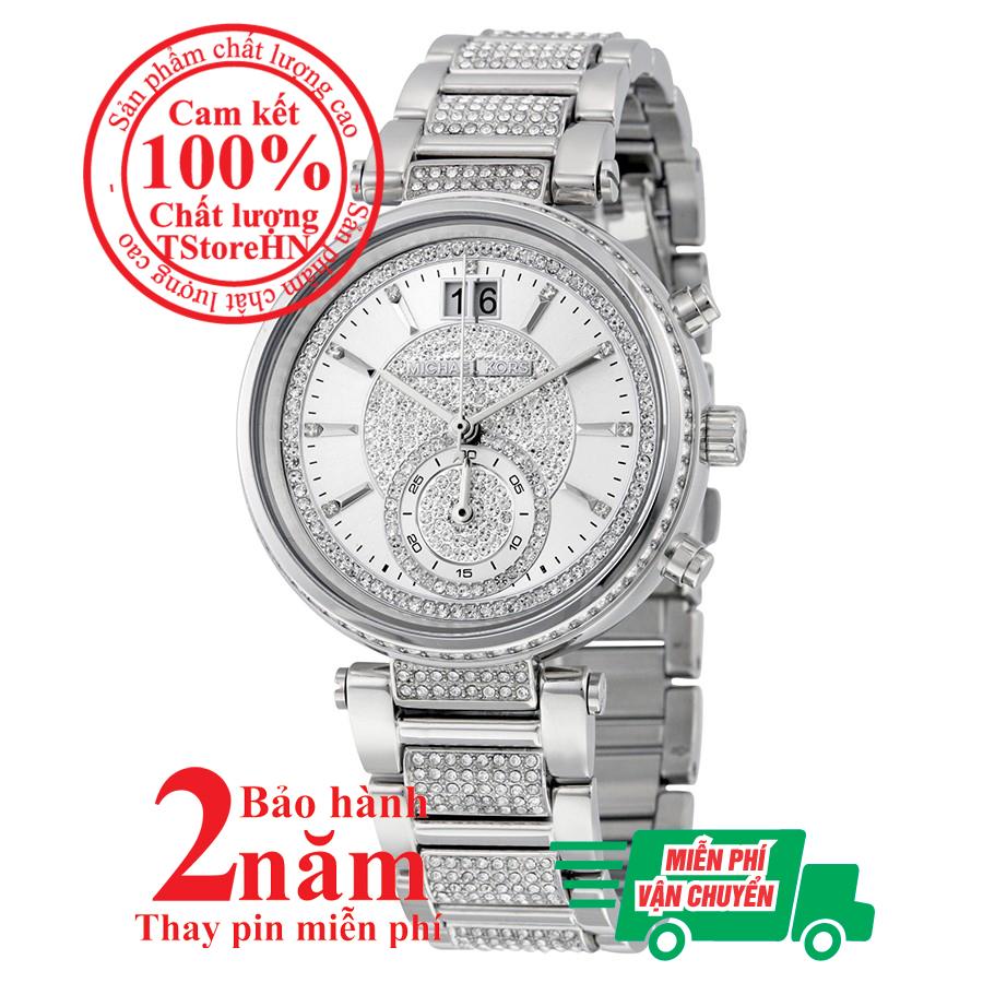 Đồng hồ nữ mk mk6281, vỏ, mặt và dây màu bạc , lịch ngày, khảm đá pha lê swarovski, size 39mm - mk6281